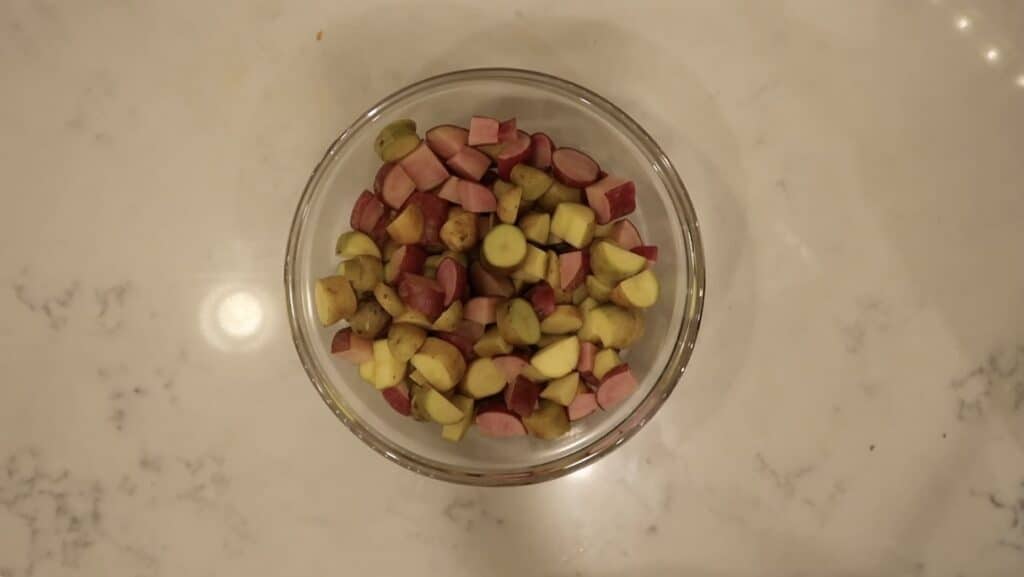 Fingerling or baby potatoes chopped up